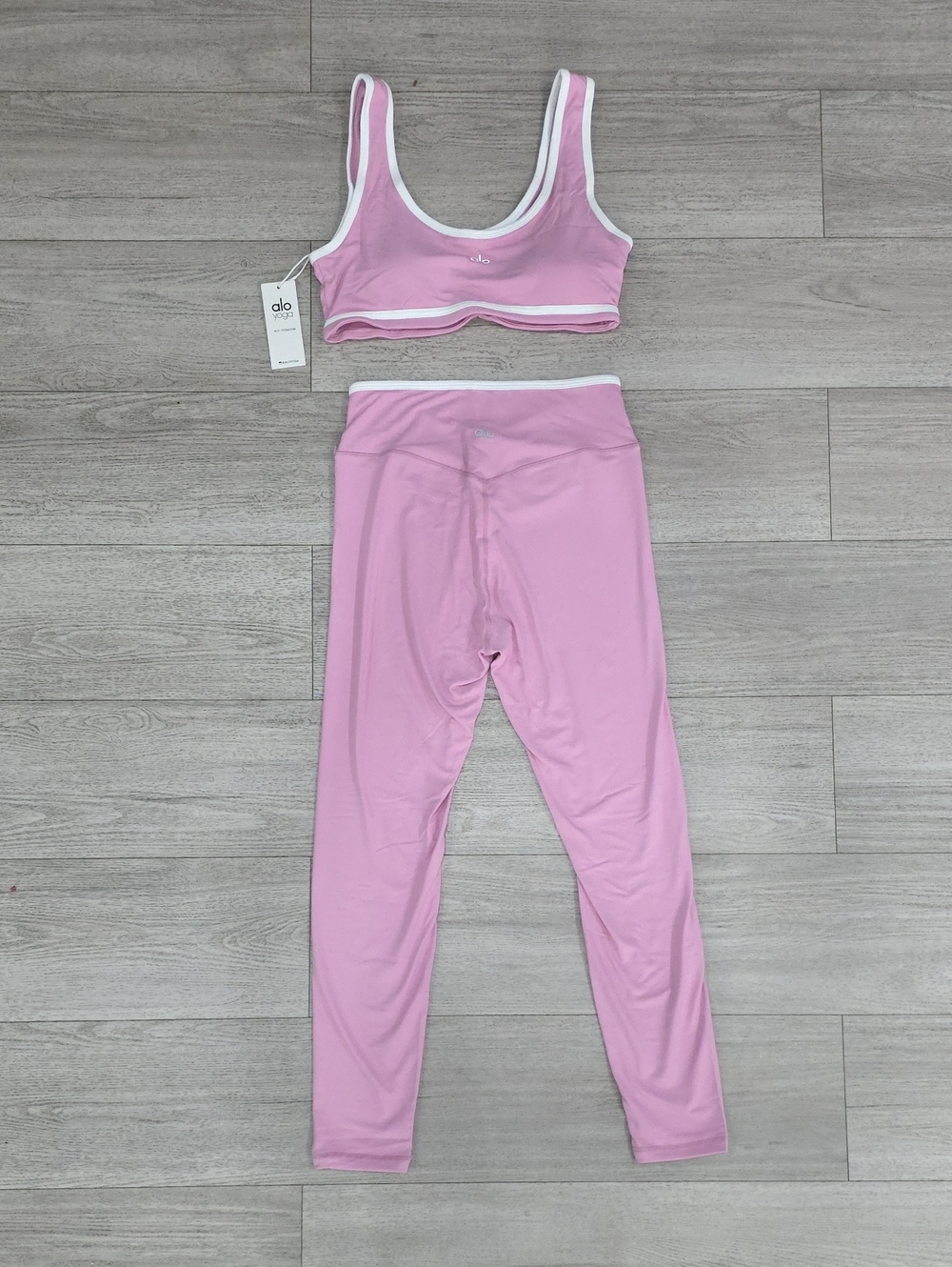 ALO Yoga Pink Leggings and Sports Bra Set with White Trim